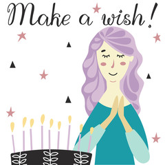 Girl making a wish with Birthday cake and candles.