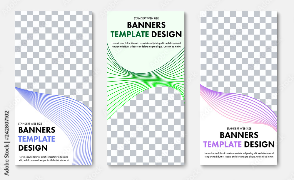Poster Design of vertical vector web banners with place for photo and abstract wave lines.