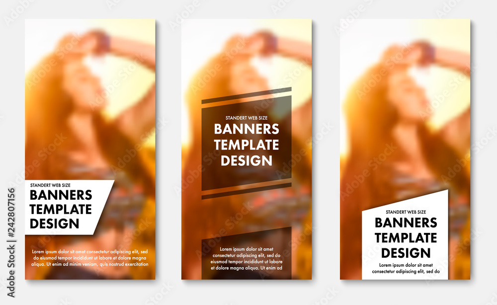 Poster Templates for vertical web banners with transparent white and black elements for text. Design standard size for advertising.