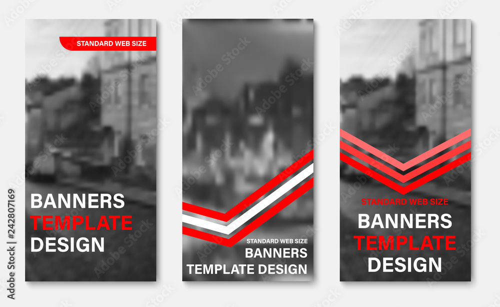Poster design of vertical vector web banners with red and white ribbons and arrows, place for photo.