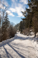 Countryside road in the Alps. Winter time.