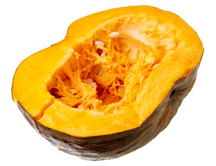 Orange pulp with seeds in a pumpkin on a white background