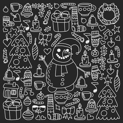 Vector set of Christmas, holiday icons in doodle style. Painted, black monochrome, chalk pictures on a blackboard.
