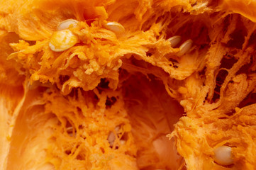 Orange pulp with seeds in a pumpkin as background
