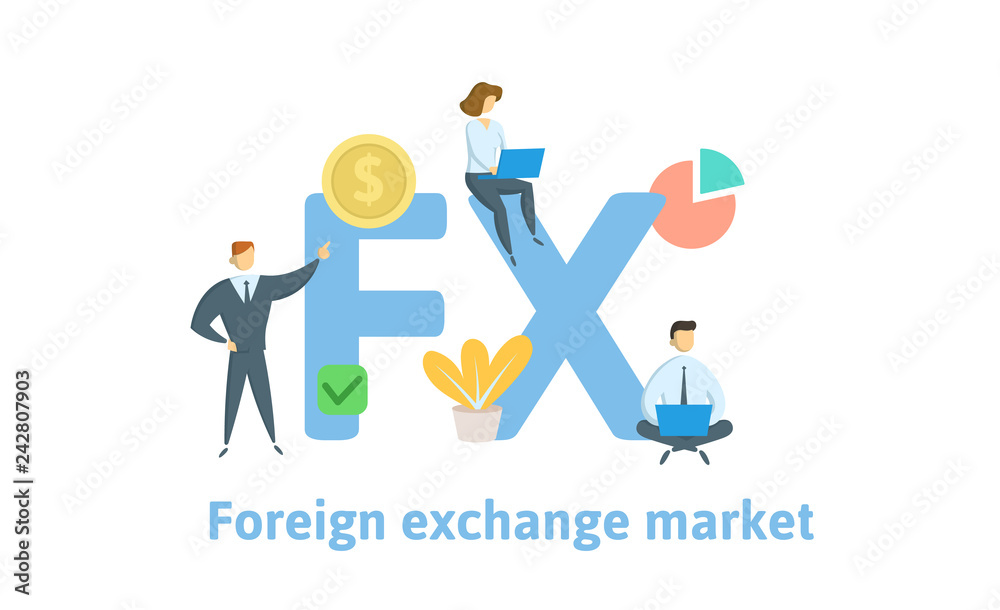 Wall mural FX, Foreign Exchange Market. Concept with keywords, letters and icons. Colored flat vector illustration. Isolated on white background.