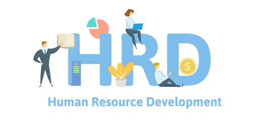 HRD, Human Resource Development. Concept with keywords, letters and icons. Colored flat vector illustration. Isolated on white background.