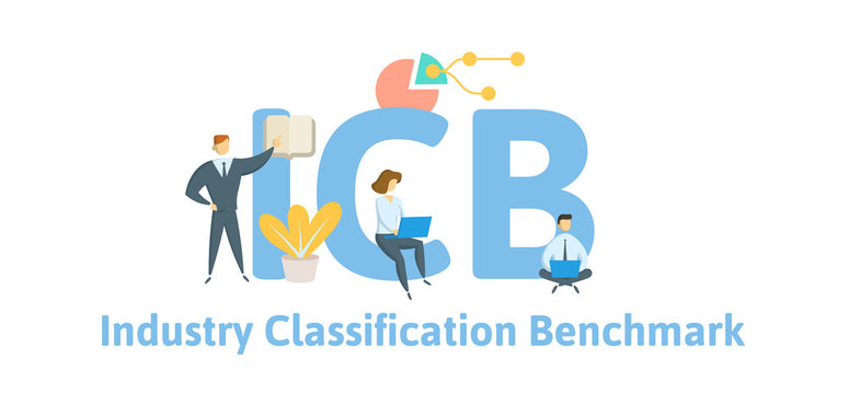 ICB, Industry Classification Benchmark. Concept with keywords, letters and icons. Colored flat vector illustration. Isolated on white background.