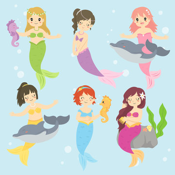 Mermaids playing with seahorse and dolphin, mermaid combing her hair. Beautiful  mermaids vector collection.