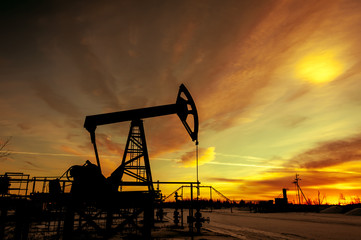 Pump jack. Extraction of oil. Petroleum concept.