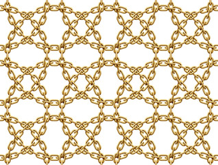 Seamless pattern of intertwined circles of golden chains. Vector illustration.