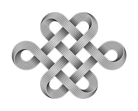 Endless knot made of crossed metal wires. Buddhist symbol. Vector illustration.