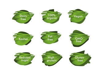 Sign 100% organic,  dairy free, kosher, vegan, GMO free, fat free, redused sugar, high protein, gluten free. Vector illustration.