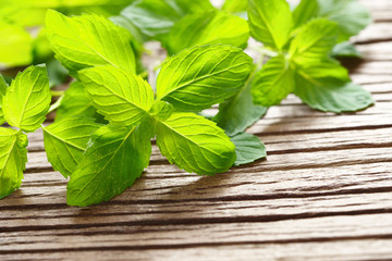 fresh mint on the wooden table