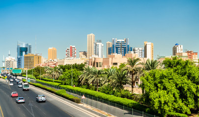 Fototapeta na wymiar Skyline of Kuwait City along the First Ring Road