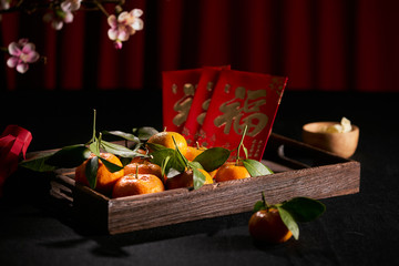 concept image of the lunar new year -mandarin orange and red packet