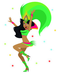 Brazilian samba dancer. Carnival in Rio de Janeiro girls wearing a festival costume is dancing. Vector illustration. Design for menu, card, invitation.	