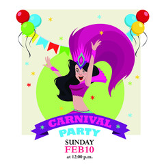 Brazilian samba dancer. Carnival in Rio de Janeiro girls wearing a festival costume is dancing. Vector illustration. Design for menu, card, invitation.