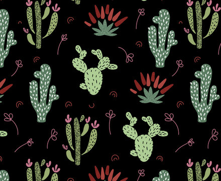 Vector seamless pattern with African tropical cacti, succulents and leaves on black background, endless texture - for design kids clothes, home textiles, prints, posters, greeting cards