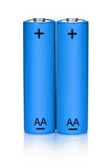 Two blue AA Alkaline batteries, isolated on white background