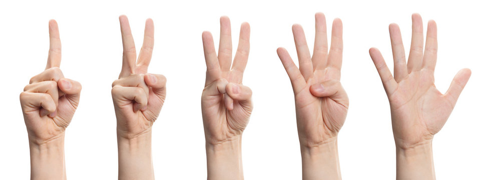 Hands showing number signs from 1 to 5, isolated on white background