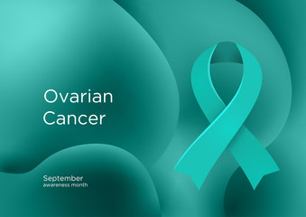 Ovarian Cancer awareness month in September. Teal color ribbon Cancer Awareness Products.