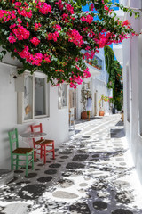 Biała aleja z kolorowymi kwiatami bugenwilli, białymi domami i kolorowymi krzesłami na Cykladach w Grecji