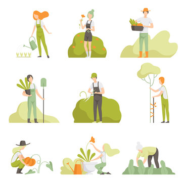 People Caring For Plants In The Garden Set, Men And Women, Watering Plants, Growing Agricultural Products Vector Illustration