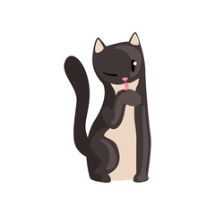 Cute black cat, funny pet character, furry human friend vector Illustration