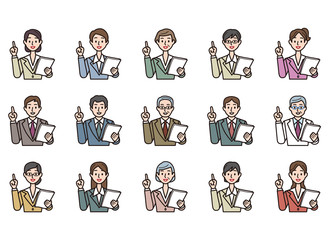 プレゼン テスト 結果 解説 書類 説明 ビジネス スーツ 男性 女性 指差し 教師 教授 医者