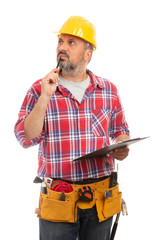 Constructor thinking as touching chin with pen.