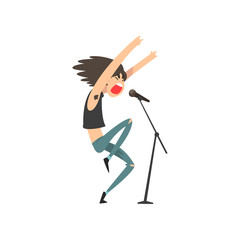 Rock musician, male singer singing into microphone vector Illustration