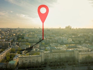 aerial shot of marker pointing on the streets of europe city during sunset b - obrazy, fototapety, plakaty