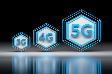 Hexagons and 3G, 4G, 5G letters. Evolution of cellular mobile communication networks. 3D illustration. - obrazy, fototapety, plakaty