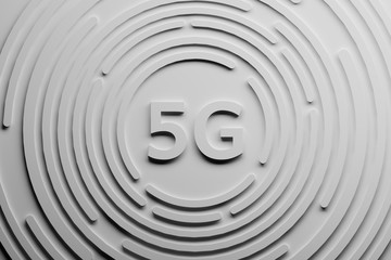 Fototapeta na wymiar Big white 5G letters on the flat surface with white circles lines. 5G telecommunication technology concept. 3d illustration. 