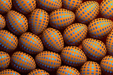 Fototapeta na wymiar Many orange easter eggs with blue dotted pattern. 3d illustration.