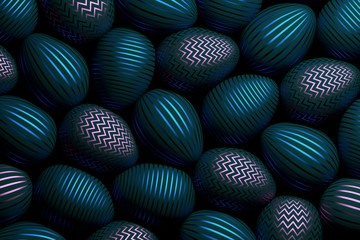 Fototapeta premium Beautiful background with many easter eggs with pink and blue geometric shiny patterns. 3d illustration.