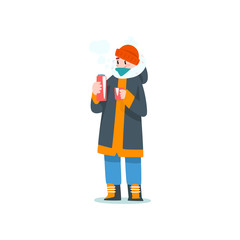 Young man drinking hot tea from thermos, outdoor leisure, extremal ice winter fishing vector Illustration