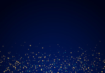 Abstract falling golden glitter lights texture on a dark blue background with lighting.