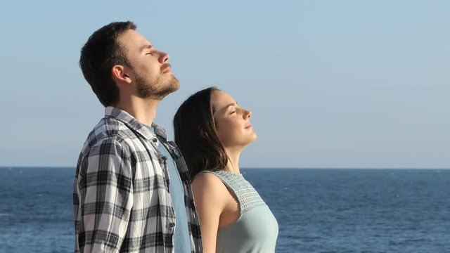 Side view portrait of a happy couple breathing fresh air on the beach