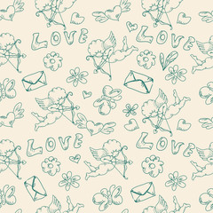 Valentine day’s hand drawn vintage monochrome doodles seamless pattern isolated 
