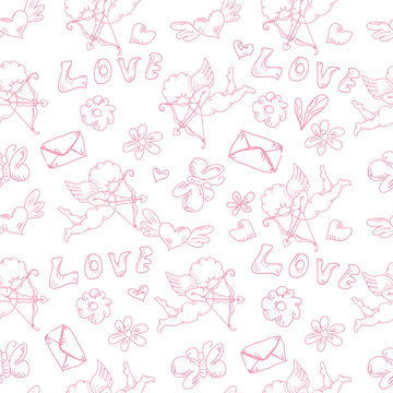 Valentine day’s hand drawn vintage monochrome doodles seamless pattern isolated 
