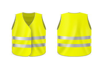 Realistic reflective vest, front and back view, safety jacket on plain background