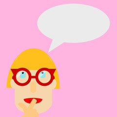 Blond woman with glasses in front of pink background with speech bubble