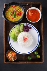 Hot and sour soup set meal in a wood dish