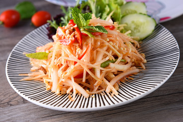 Shredded spicy cabbage in a ceramic dish