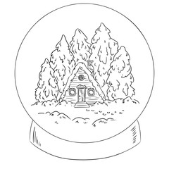 Winter cabin log in a snow globe scene for coloring