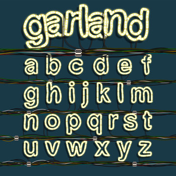 Neon garland font set, vector