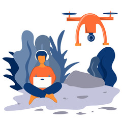 A young man sits in a lotus position and works at a laptop and controls the drone outdoors. Work and hobby. Illustration in flat style.