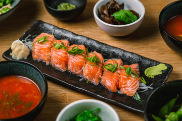 Salmon sashimi with sushi