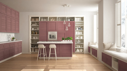 Fototapeta na wymiar Modern white kitchen with red wooden details